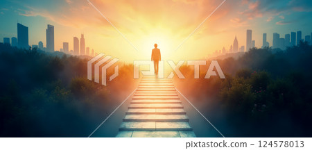 Man walking on pathway toward bright sun, futuristic city skyline, success journey, career growth, motivation, inspiration, hope, new beginnings, ambition, opportunity Man walking on pathway toward bright sun, futuristic city skyline, success journey, career growth, motivation, inspiration, hope, new beginnings, ambition, opportunity 124578013
