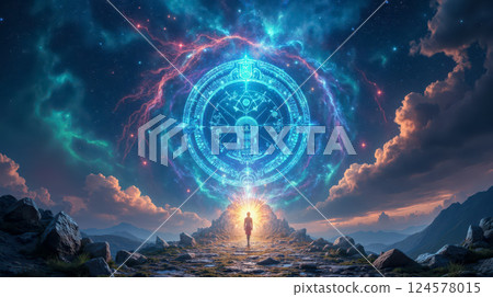 Glowing portal in mysterious landscape surrounded by cosmic light clouds symbols person walking towards mystical path surreal atmosphere colorful horizon magical scenery 124578015