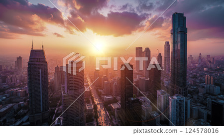 Stunning sunset cityscape showcasing urban skyline, modern skyscrapers, downtown area, high-rise buildings, breathtaking evening atmosphere, horizon view, peaceful urban scene Stunning sunset cityscape showcasing urban skyline, modern skyscrapers, downtown area, high-rise buildings, breathtaking evening atmosphere, horizon view, peaceful urban scene 124578016