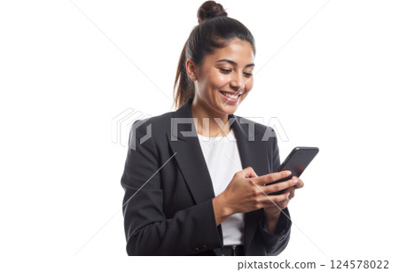 Smiling businesswoman using smartphone, happy professional, isolated on white, mobile communication, corporate attire, young female, modern technology, confident worker 124578022