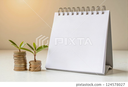 financial planning concept with blank notebook money stacks young plants investment growth savings strategy business success economic opportunity wealth development 124578027