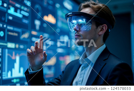 Futuristic technology, augmented reality, businessman, virtual data, financial analysis, innovation, artificial intelligence, cyber future, smart glasses, stock market, economy, business trend Futuristic technology, augmented reality, businessman, virtual data, financial analysis, innovation, artificial intelligence, cyber future, smart glasses, stock market, economy, business trend 124578033