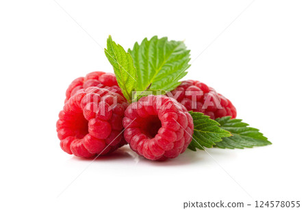 Fresh raspberries with green leaves isolated on white background ripe nutritious organic fruit bright colorful sweet tasty juicy summer berries healthy natural antioxidant raw ingredient 124578055
