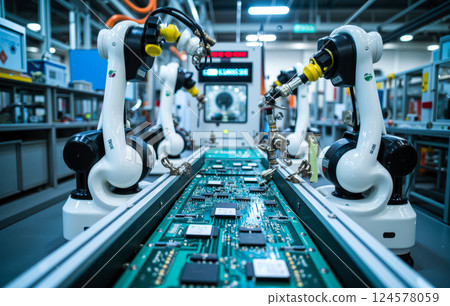 Robotic arms assembling electronic components in high-tech factory highlighting automation innovation precision engineering in modern industrial electronics 124578059