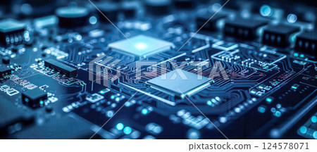 Advanced microchip on blue digital circuit, featuring intricate electronic components, modern technology, precision engineering, innovation, futuristic tech design 124578071