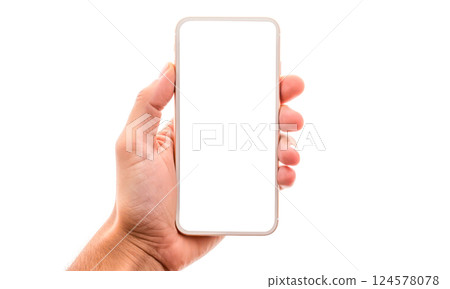 Closeup human hand holding mockup smartphone with blank white screen, isolated on white background, digital mockup mobile device, technology concept, application showcase 124578078