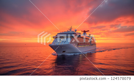 Large cruise ship sailing on calm ocean during beautiful sunset with colorful sky and glowing water luxury travel vacation adventure tourism maritime transport summer journey 124578079