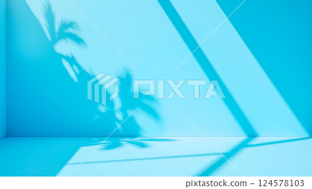Calm blue room with sunlight and shadows perfect for product display overlay marketing materials or artistic composition 124578103