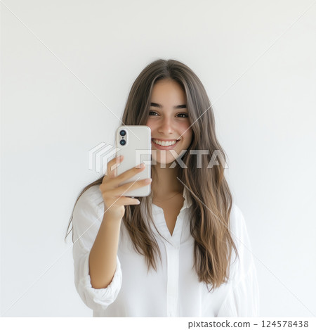 Woman holding a smartphone on a white background "AI generated image" 124578438