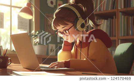 AI-generated image of a woman concentrating on learning English with headphones 124578469