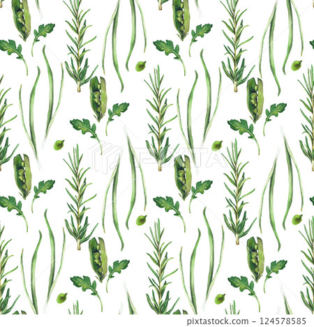 Watercolor seamless pattern with vegetables. Hand-drawn isolated clip art on a white background. Bright and juicy pictures of realistic vegetables for menus, signs, packaging, textiles, printed 124578585