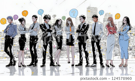 Several business people with folded arms and quizzical looks on their faces Several business people with folded arms and quizzical looks on their faces 124578960