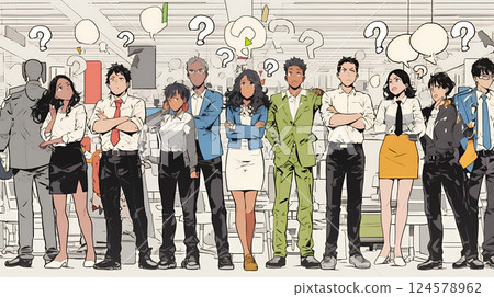 Several business people with folded arms and quizzical looks on their faces 124578962