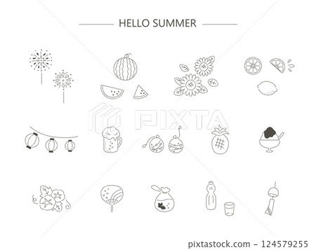 Summer simple line drawing illustration material set Summer simple line drawing illustration material set 124579255