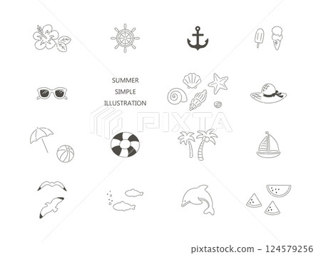 Simple summer beach line drawing illustration set 124579256