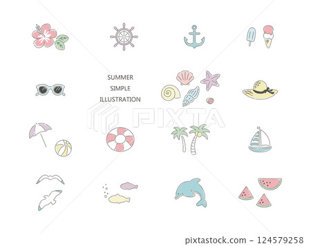 簡單的夏日海灘插畫集 124579258