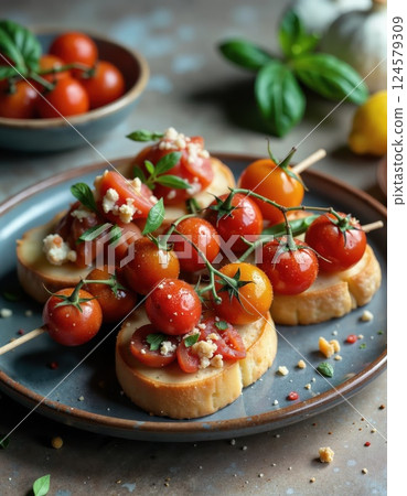 Rustic tomato bruschetta with feta and basil on artisan bread - a trendy culinary delight for gourmet enthusiasts 124579309
