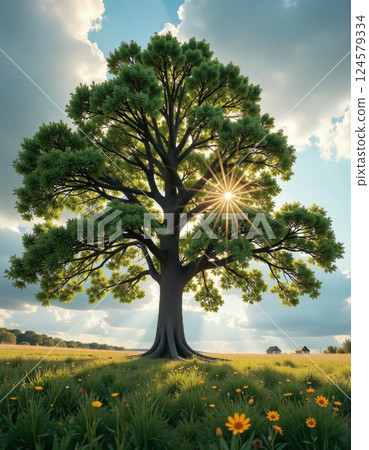 Sunlit majestic oak tree in serene meadow capturing nature's tranquility and vibrant spring atmosphere 124579334