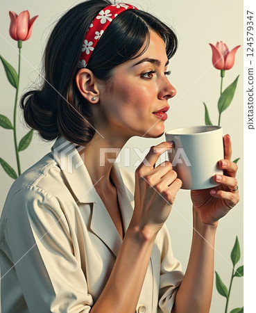 Tranquil morning reflection with coffee and tulips in vintage style portrait 124579347
