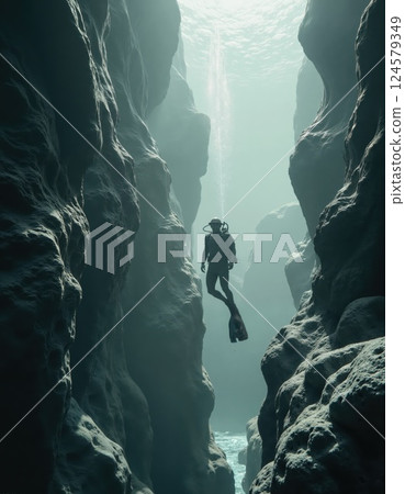 Tranquil underwater exploration in serene cavernous depths for marine adventure enthusiasts and nature lovers Tranquil underwater exploration in serene cavernous depths for marine adventure enthusiasts and nature lovers 124579349