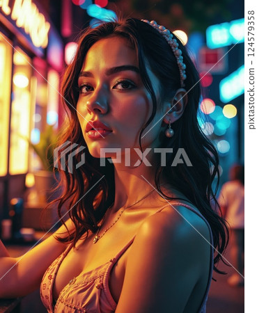 Urban nightlife portrait: aesthetic fashion in neon cityscape for modern lifestyle inspiration 124579358