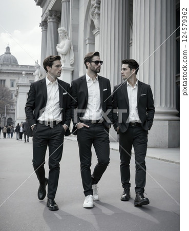 Urban sophistication: trio of stylish men walking in cityscape for fashion inspiration 124579362
