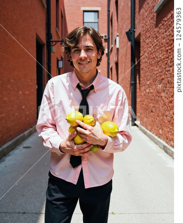 Urban summer vibes: man holding lemons in brick alleyway for creative projects 124579363