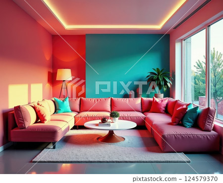 Vibrant modern living room with multicolor decor and contemporary design for home inspiration 124579370