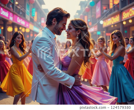 Vibrant street dance celebration with smiling couples in colorful dresses 124579380
