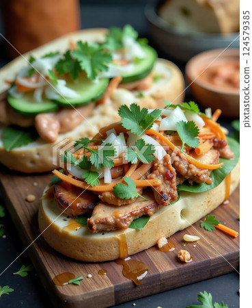 Vibrant vietnamese banh mi sandwich with grilled chicken, fresh vegetables, and spicy sauce for a gourmet culinary experience 124579385
