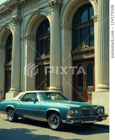 Vintage blue classic car parked in front of historic architectural building with elegant columns 124579386