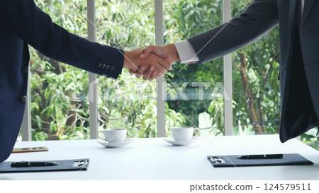 Businessman handshake manager recruitment team business. Partners shaking hands together greeting mergers and acquisitions. Shakehand Teamwork Partnership in office meeting room. Business concept 124579511