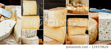 Collage of assorted cheese varieties at a market stall. Composite image. 124579626