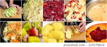 A collage of food preparation. 124579629