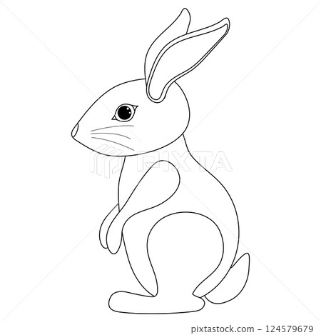 Outline drawing of a cute rabbit sitting upright. Easter Bunny is standing. Perfect for coloring page, Easter themes, and kids illustrations. 124579679