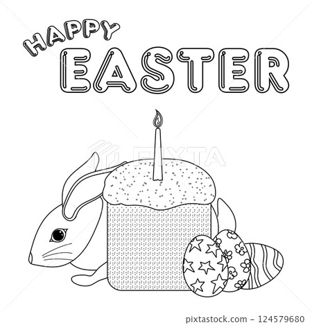 Black and white greeting card featuring a rabbit, festive Easter cake with a candle, and decorated Easter eggs for coloring page. Easter bunny and cupcake. Black and white greeting card featuring a rabbit, festive Easter cake with a candle, and decorated Easter eggs for coloring page. Easter bunny and cupcake. 124579680