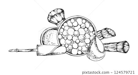 Make-up paint palette powder blush eye shadow balls, brush blending sponge. Isolated composition detailed hand drawn line vector ink sketch. Beauty parlor salon, packaging, cosmetics shop illustration 124579721