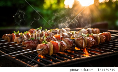 Barbecue scene: grilling skewers 124579749