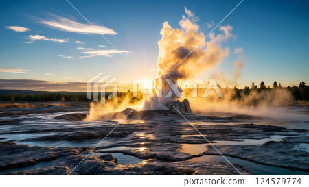A majestic geyser erupts, sending a powerful spray of water high 124579774