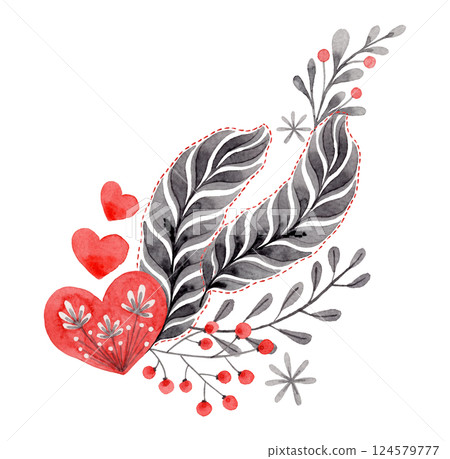 Feather and heart composition in folk style. Stylized illustration in red and gray colors for wedding invitation creating. Hand drawn arrangement is perfect for romantic and love designs. Feather and heart composition in folk style. Stylized illustration in red and gray colors for wedding invitation creating. Hand drawn arrangement is perfect for romantic and love designs. 124579777