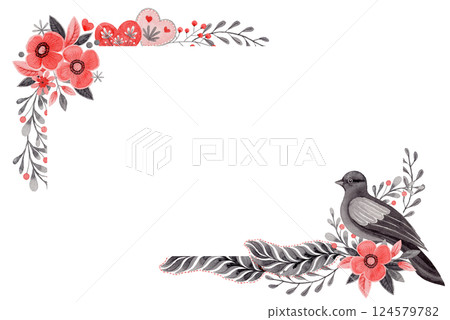 Rectangular frame with flower and copy space in folk style. Stylized illustration in red and gray colors for wedding invitation. Hand drawn composition is perfect for romantic and love designs. 124579782