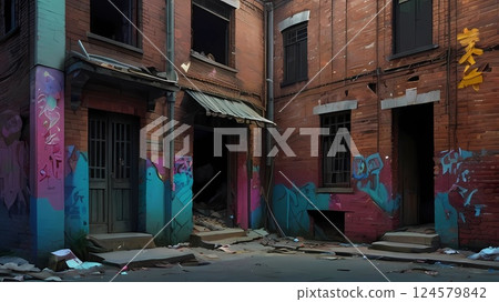 遊戲背景:一條現代化、破舊的貧民窟後街,街上遍布著一排排破舊的房屋 遊戲背景:一條現代化、破舊的貧民窟後街,街上遍布著一排排破舊的房屋 124579842