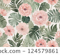 Watercolor Pink Flowers and Tropical Leaves Seamless Pattern 124579861