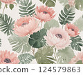 Watercolor Pink Floral and Tropical Leaves Seamless Pattern 124579863
