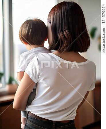Back view of a woman holding a child in her arms 124579954