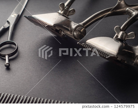Vintage barber tools meticulously positioned on a dark surface showcase the craftsmanship involved in hair grooming and styling. These instruments reflect a rich history of barbering techniques. 124579975