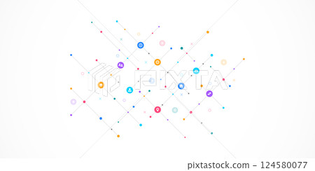 Information technology background with infographic elements and flat icons. Digital technology, network connection and communication concept. Vector illustration. 124580077