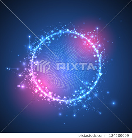Futuristic glowing technology sphere vector art. The design gives a high-tech cybernetic feel, symbolizing digital networks, AI, or virtual reality. 124580099