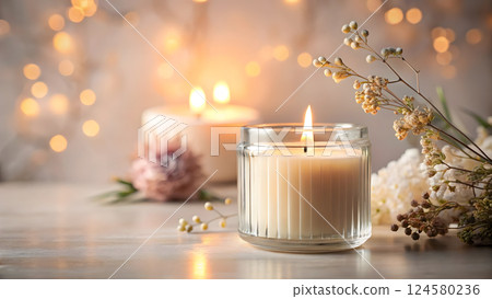 Softly glowing candles illuminate a serene floral setting at dusk 124580236