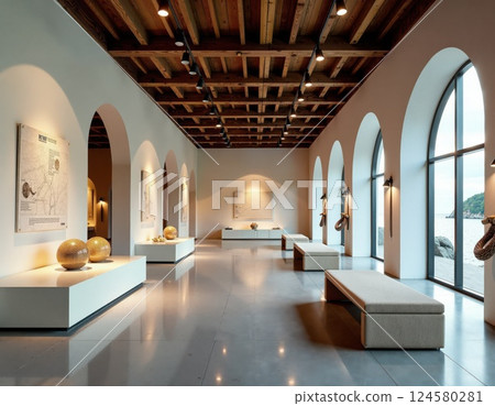 Modern art gallery with coastal views minimalist interior design and lighting 124580281